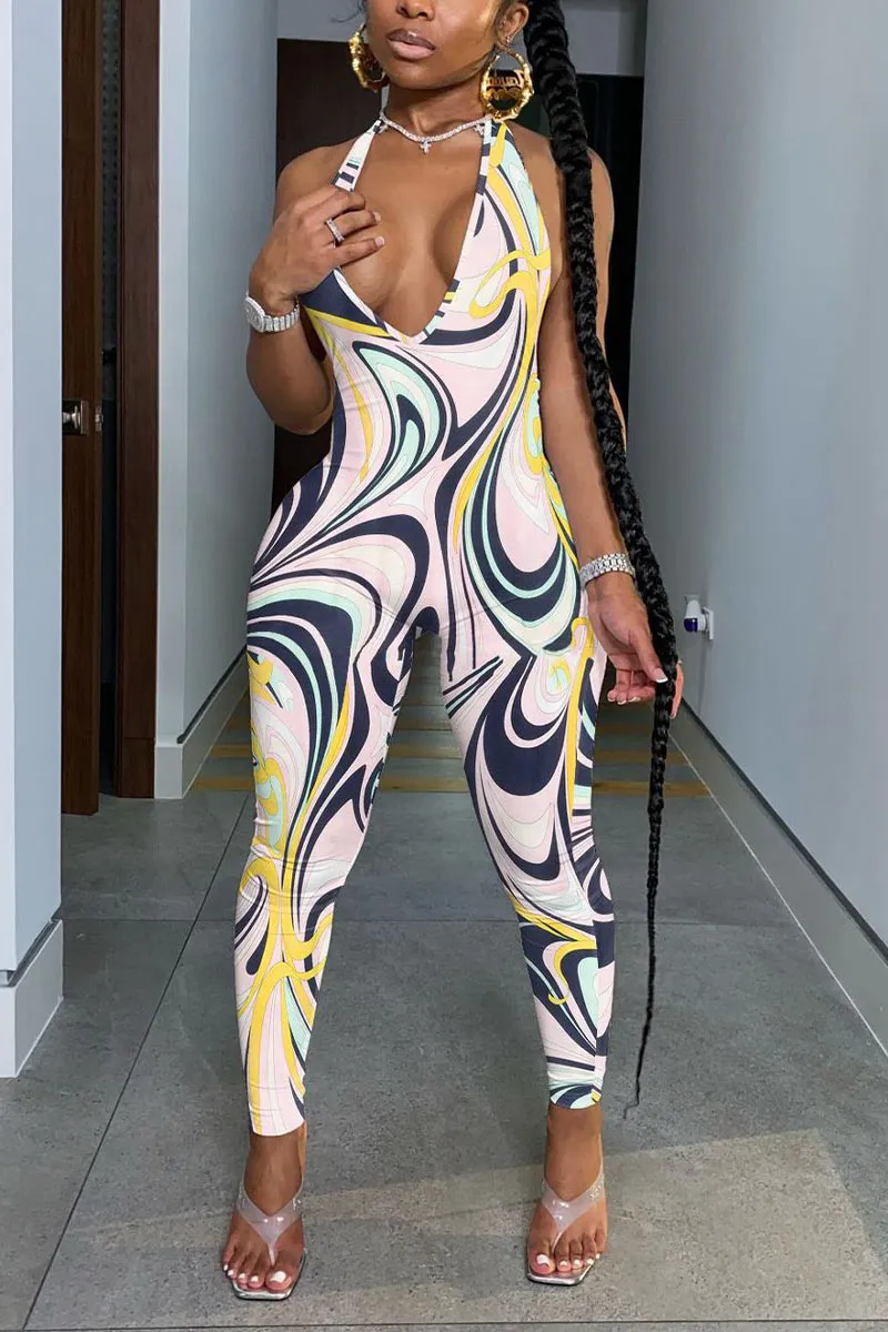 JD845 Plunging Graphic Print Halter Jumpsuit