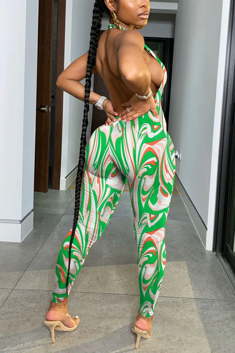 JD845 Plunging Graphic Print Halter Jumpsuit