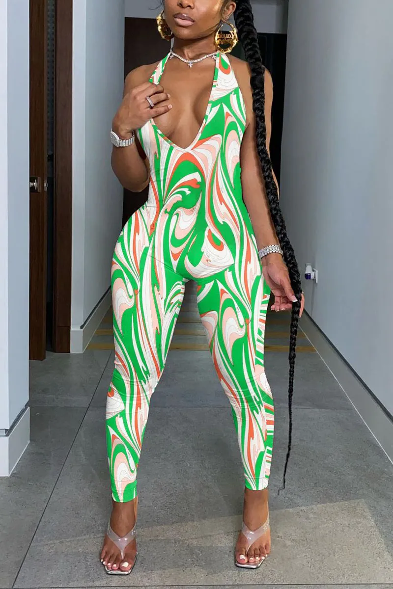 JD845 Plunging Graphic Print Halter Jumpsuit