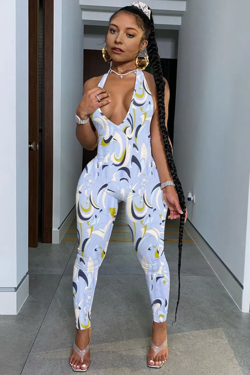 JD845 Plunging Graphic Print Halter Jumpsuit
