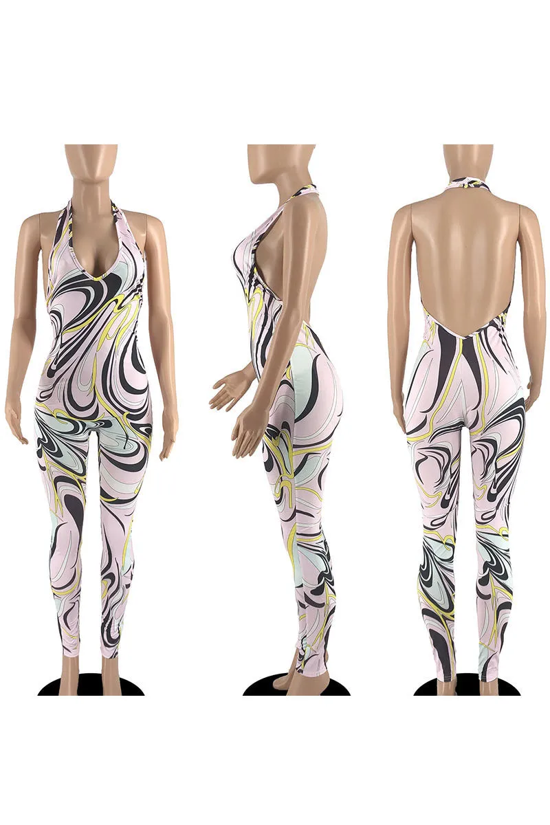 JD845 Plunging Graphic Print Halter Jumpsuit