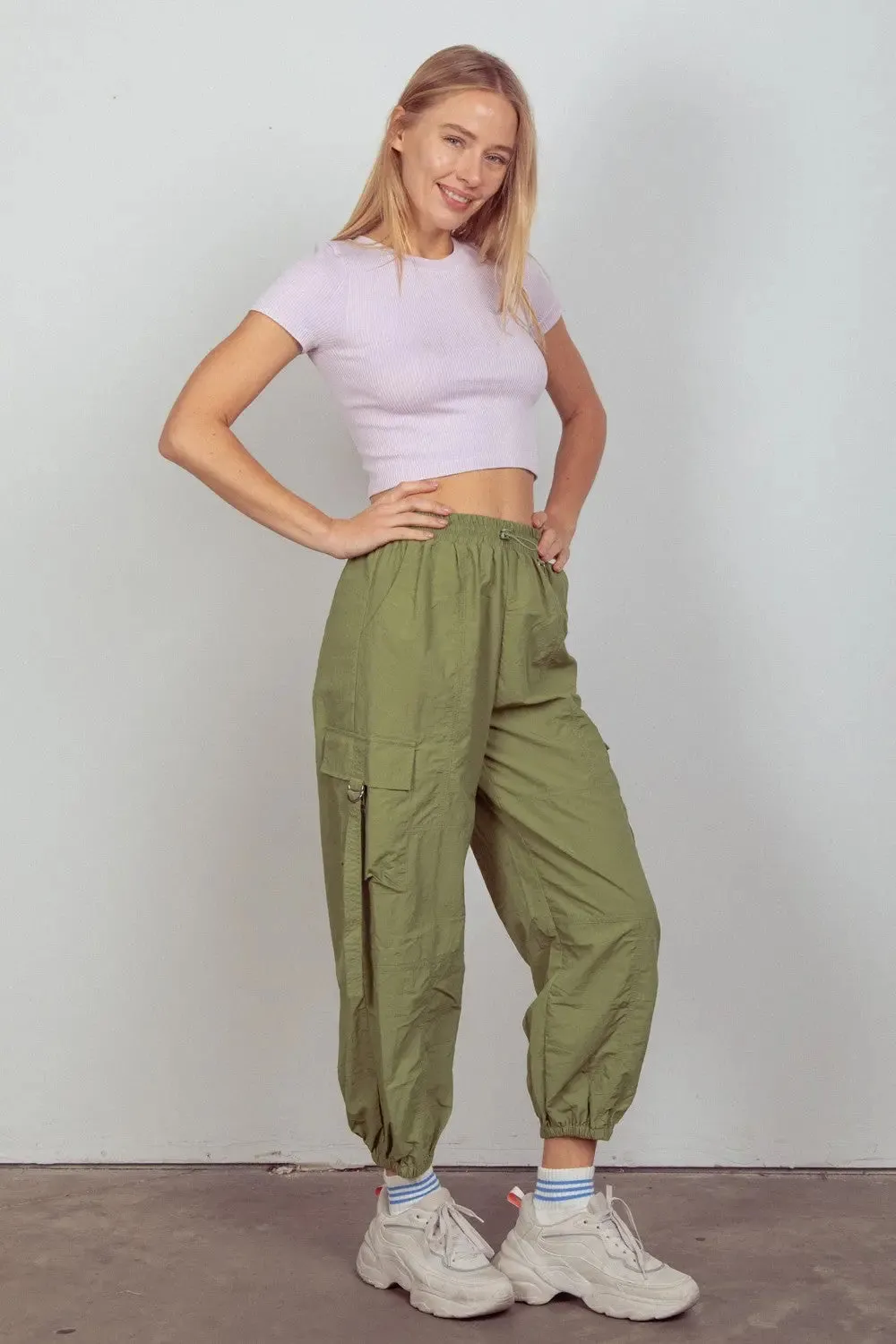 Kam  Elastic Waist Woven Cargo Pants
