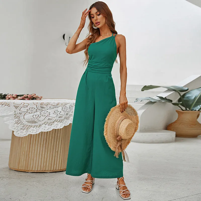 Ladies Sleeveless One Shoulder Backless Sexy Wide Leg Slim Jumpsuit