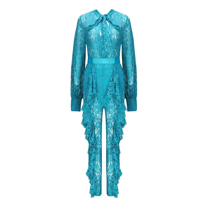 Long Sleeve Keyhole Lace Ruffles Jumpsuit