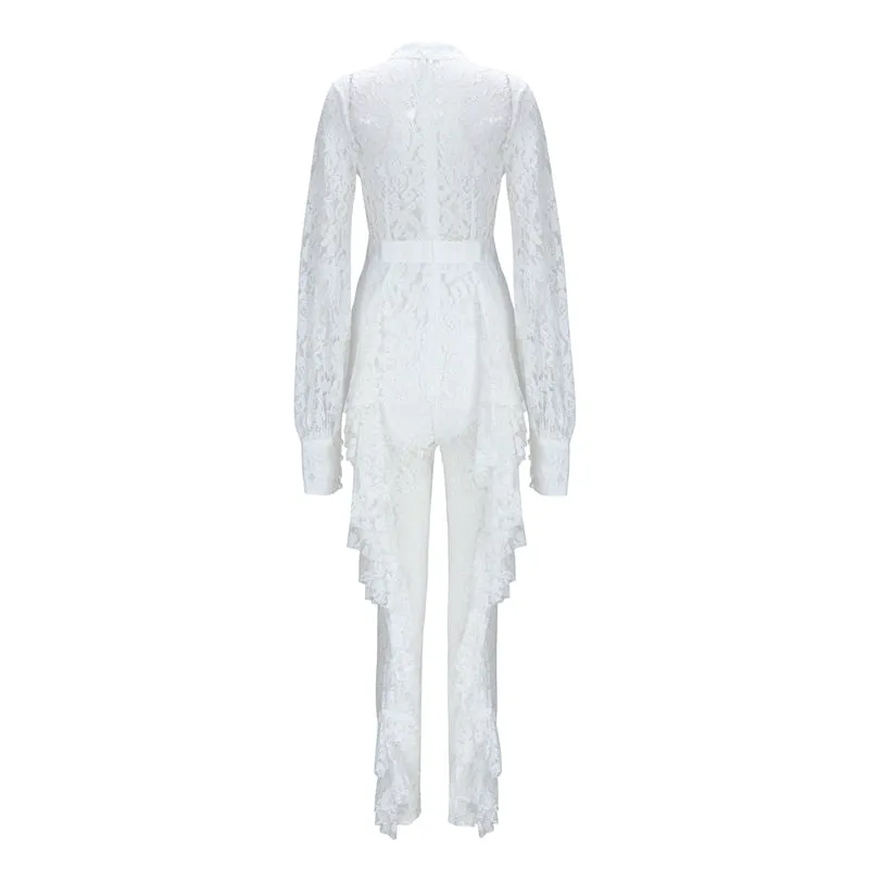 Long Sleeve Keyhole Lace Ruffles Jumpsuit