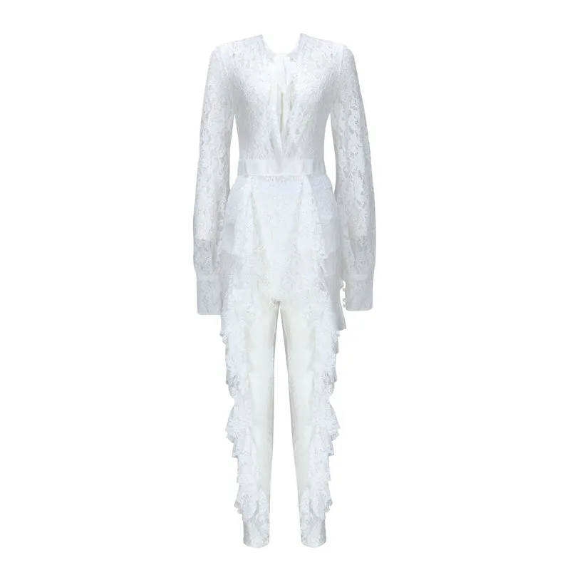 Long Sleeve Keyhole Lace Ruffles Jumpsuit
