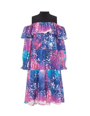 MARK FAST Women Cold Shoulder Splicing Ruffle Long Sleeve Knee Dress