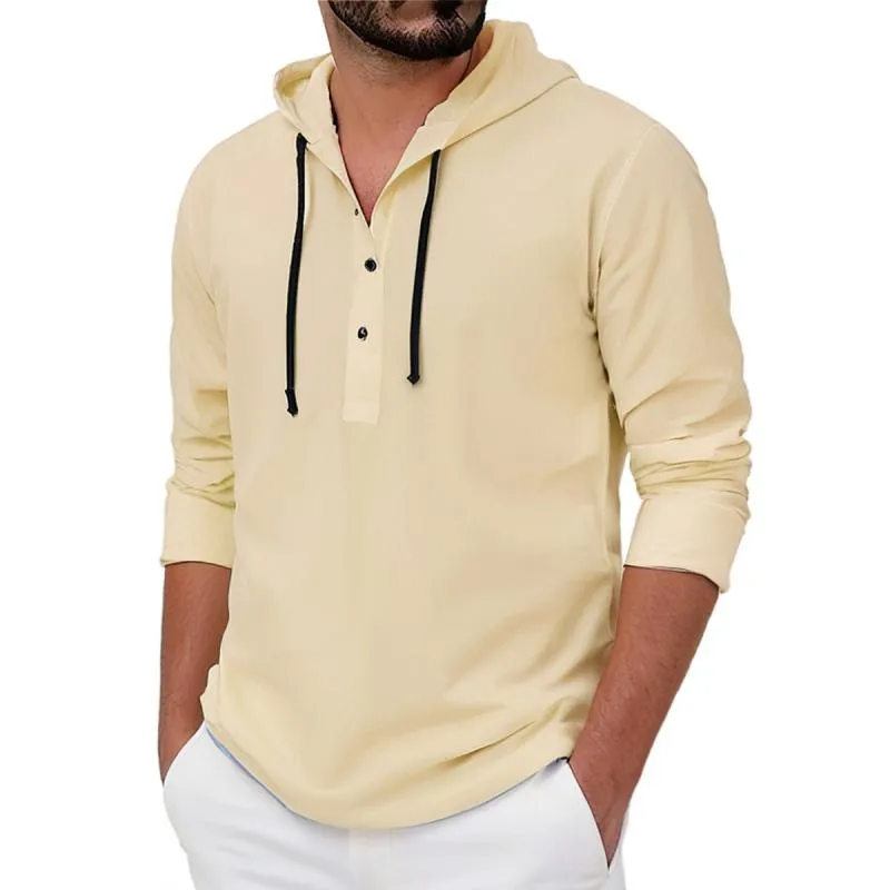 Men's Casual Solid Button Hooded Long Sleeve Shirt 38221998Y