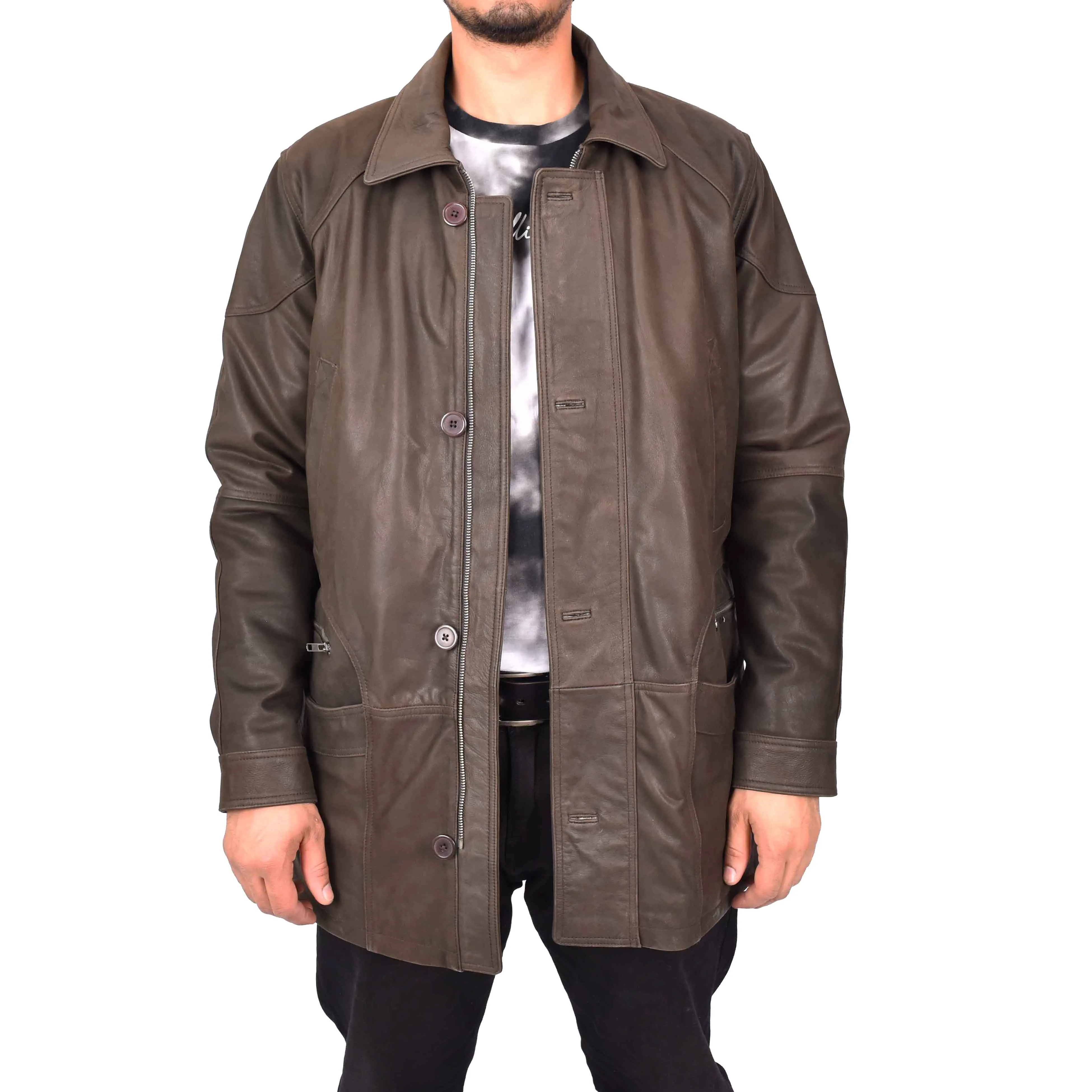 Men’s Genuine Nubuck Leather Parka Overcoat Gents Car Coat Brown Aric