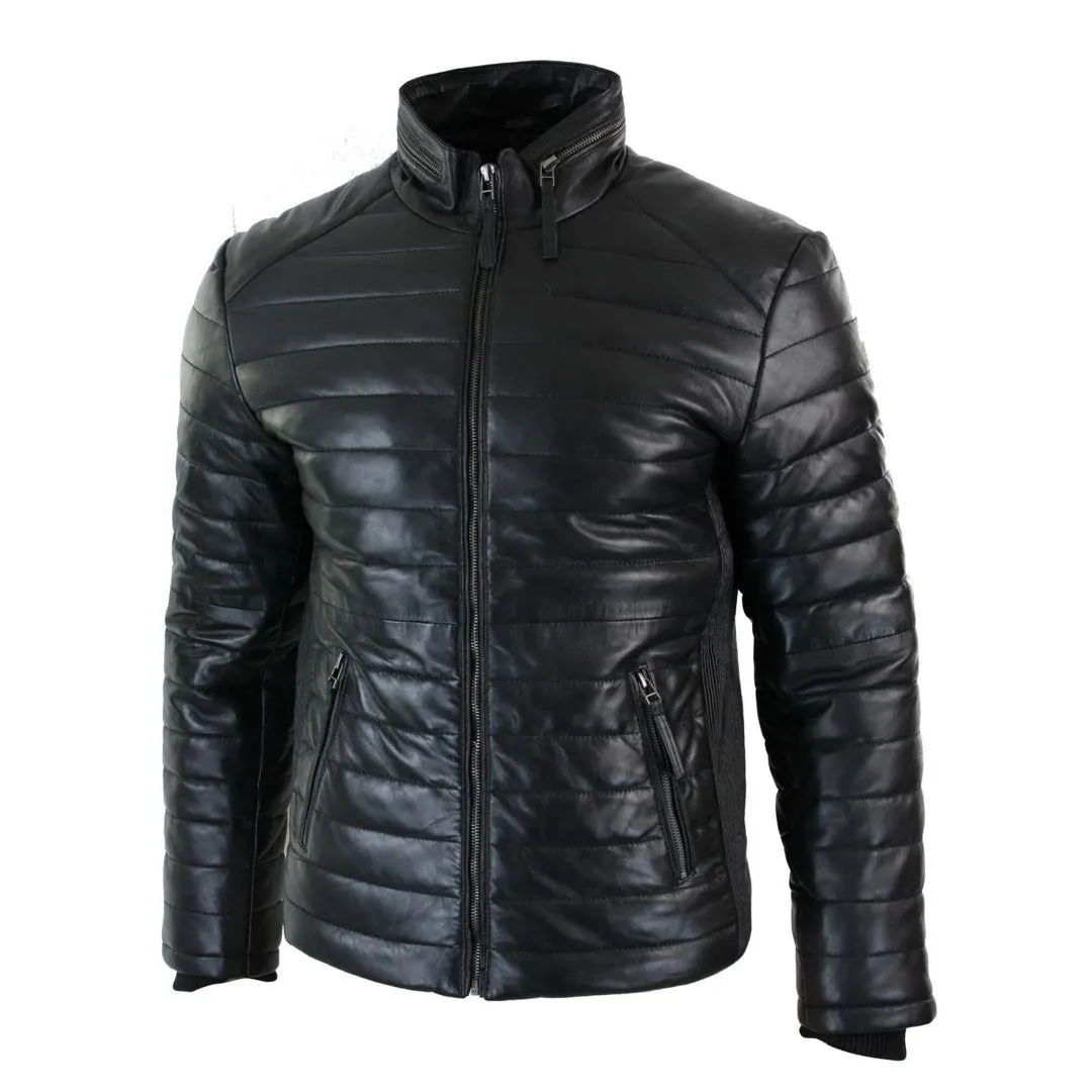 Men's Leather Quilted Puffer Zipped Jacket Brown Black