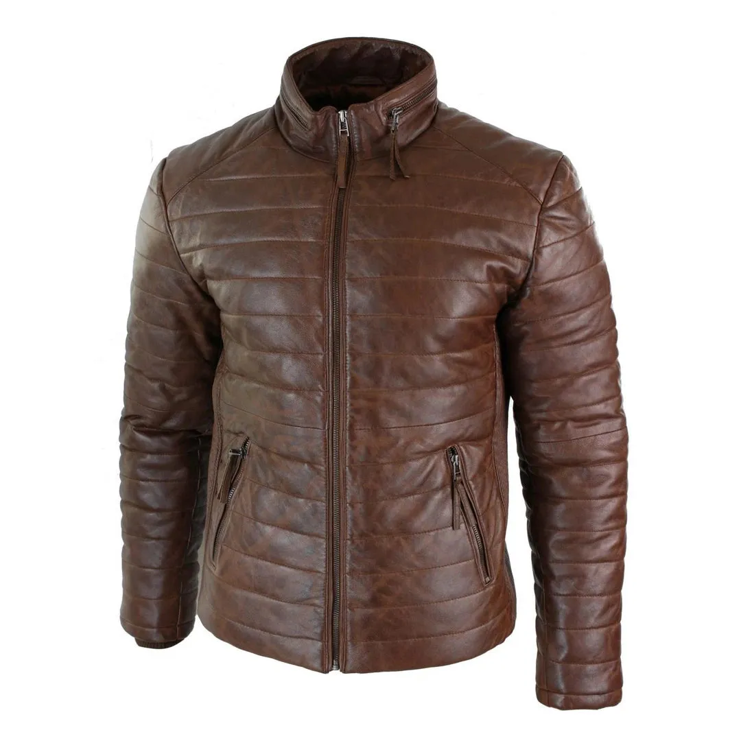 Men's Leather Quilted Puffer Zipped Jacket Brown Black