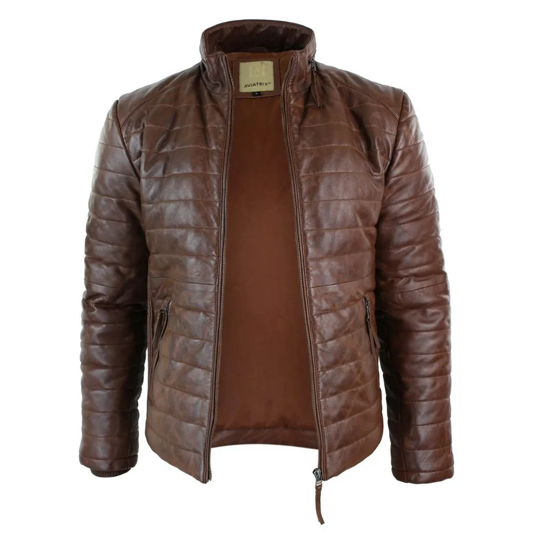 Men's Leather Quilted Puffer Zipped Jacket Brown Black