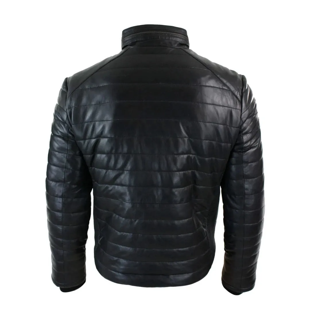 Men's Leather Quilted Puffer Zipped Jacket Brown Black