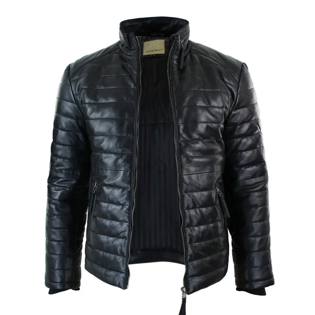 Men's Leather Quilted Puffer Zipped Jacket Brown Black