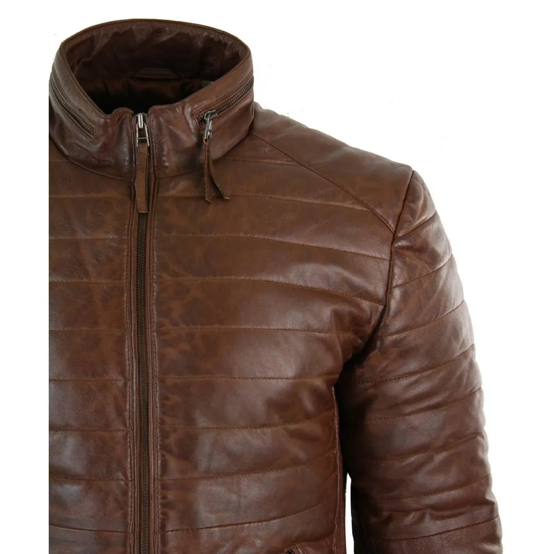 Men's Leather Quilted Puffer Zipped Jacket Brown Black