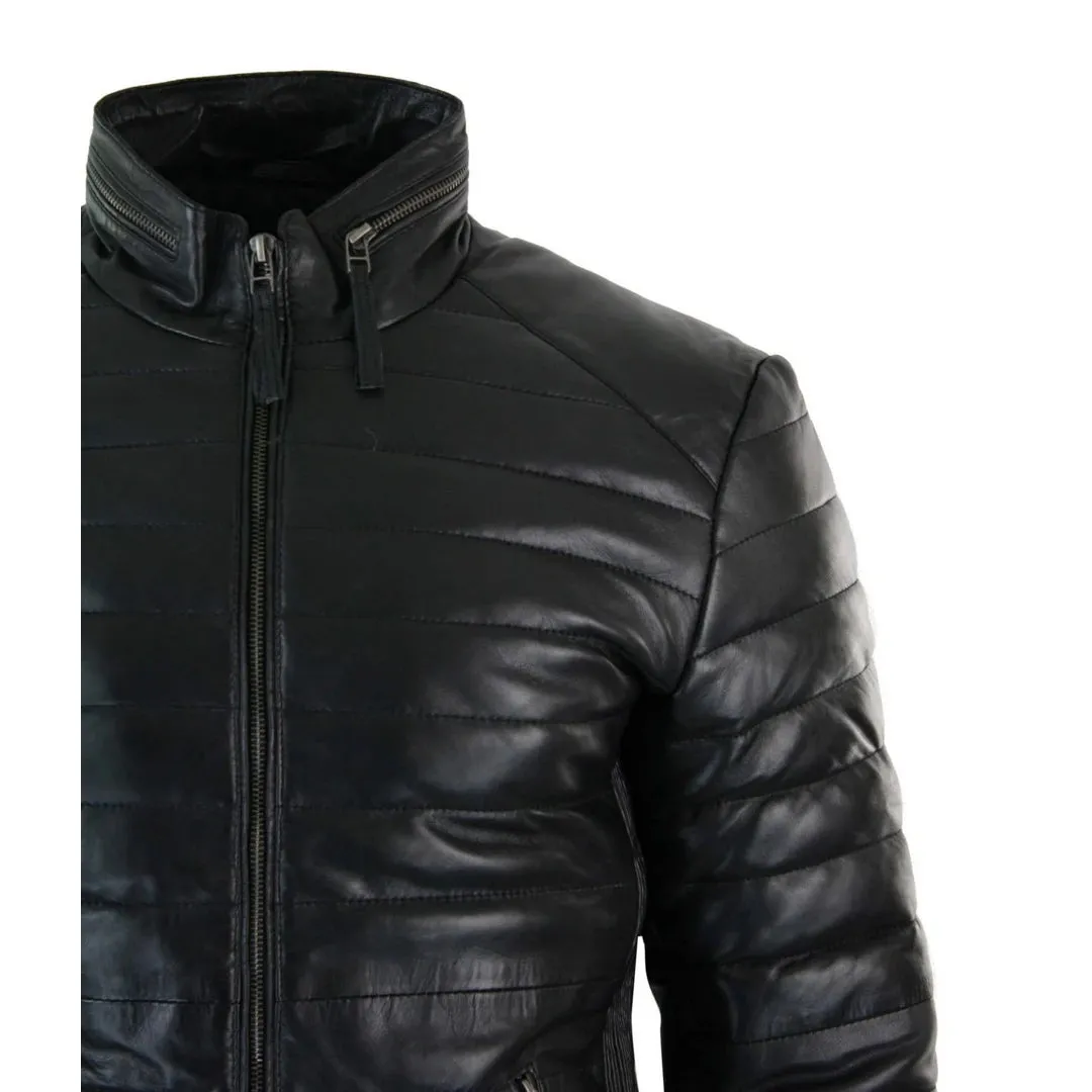 Men's Leather Quilted Puffer Zipped Jacket Brown Black