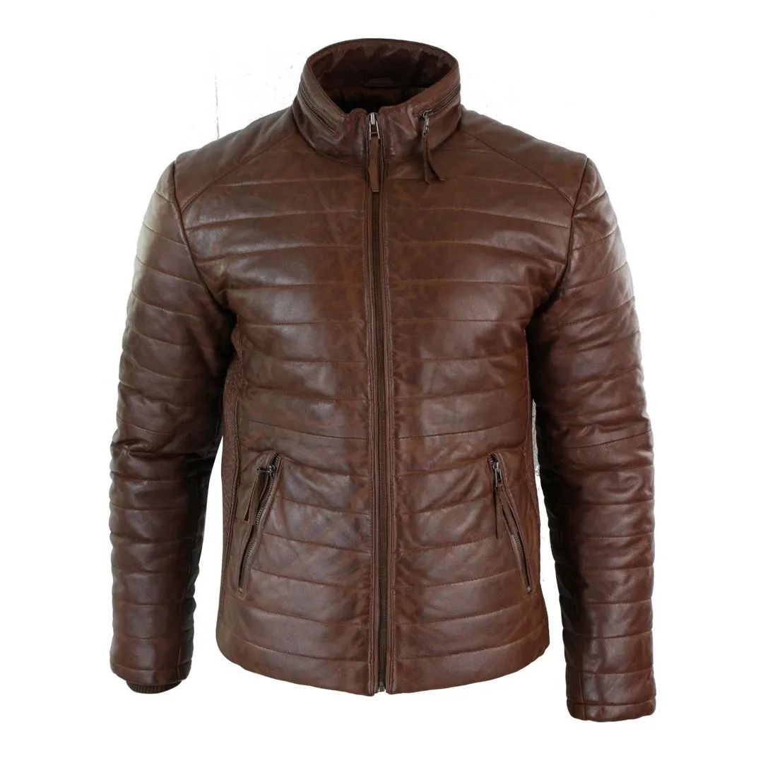 Men's Leather Quilted Puffer Zipped Jacket Brown Black