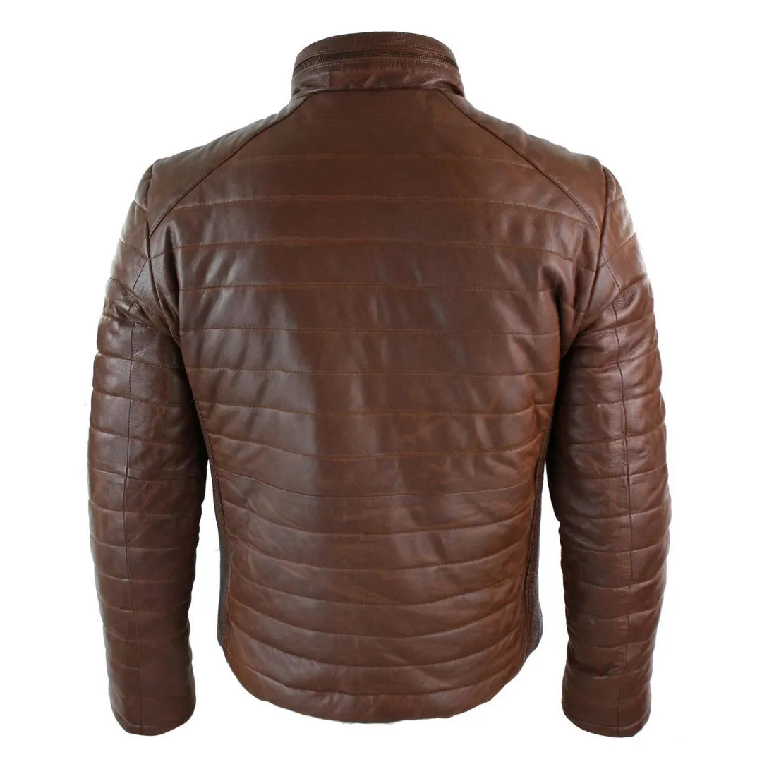 Men's Leather Quilted Puffer Zipped Jacket Brown Black