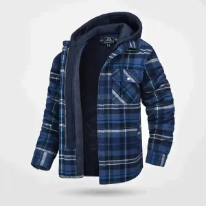 Men's Warm Long Woolen Hooded Winter Jacket with  Checkered Pattern
