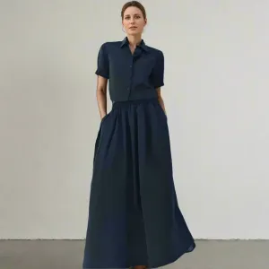 Metaversmall Casual Two Piece Sets For Women Lapel Short Sleeve Spliced Button Shirts High Waist A Line Long Skirt Minimalist Set Female