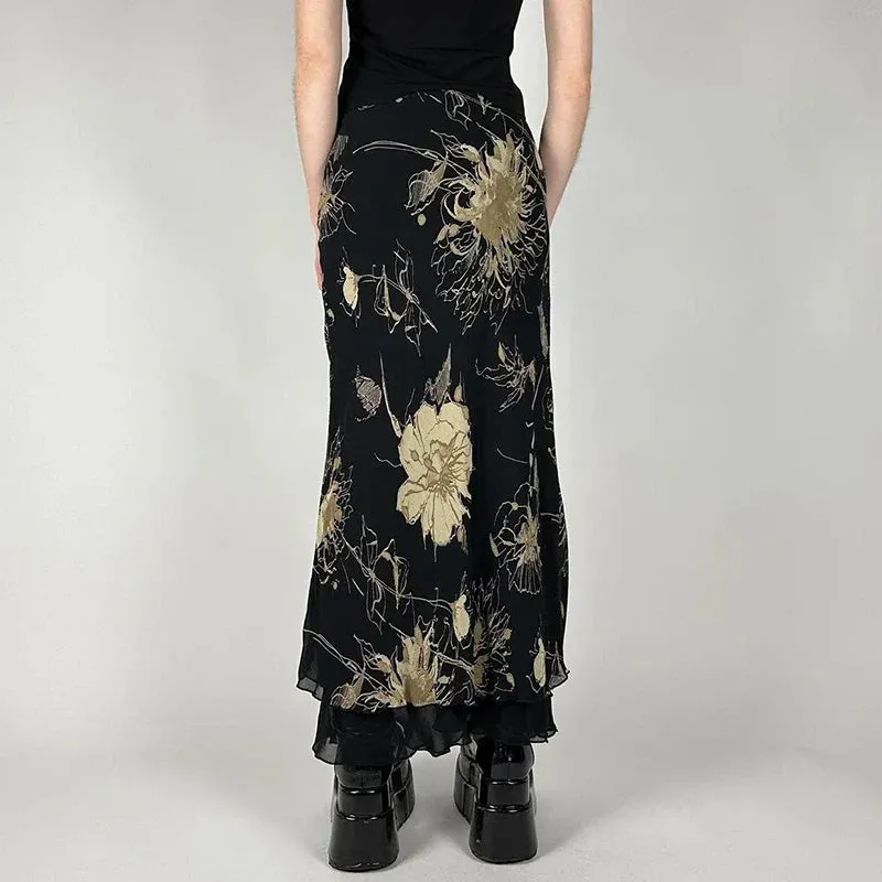 Metaversmall Vintage Gothic Low Rise Slim Long Skirt Women Mesh Patched Grunge Flowers Printing Chic Maxi Skirt Party Y2K Outfits