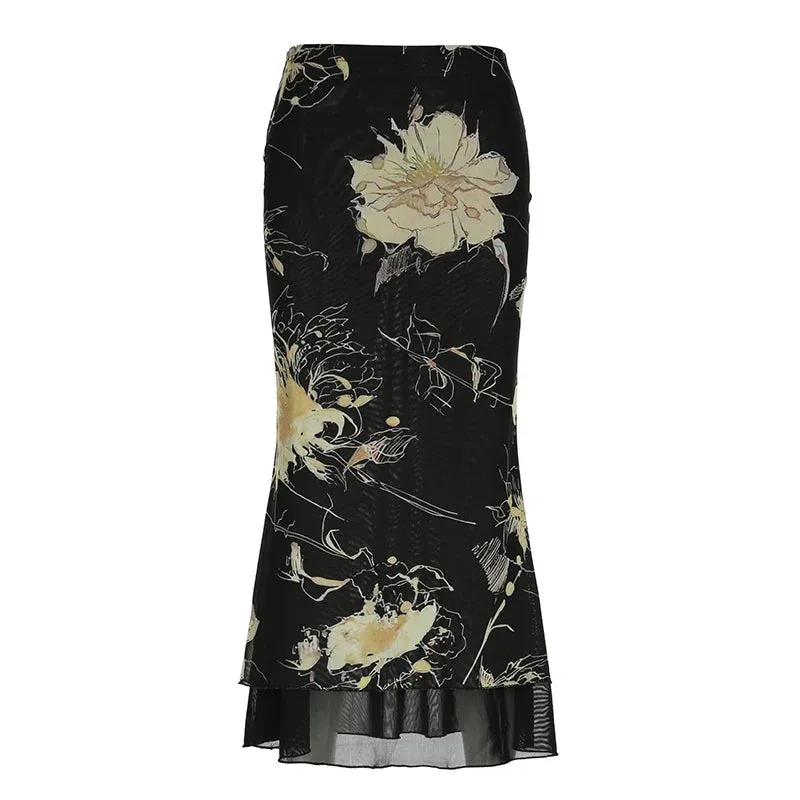 Metaversmall Vintage Gothic Low Rise Slim Long Skirt Women Mesh Patched Grunge Flowers Printing Chic Maxi Skirt Party Y2K Outfits