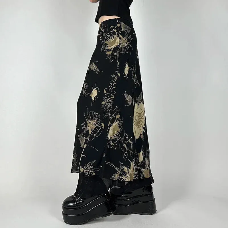 Metaversmall Vintage Gothic Low Rise Slim Long Skirt Women Mesh Patched Grunge Flowers Printing Chic Maxi Skirt Party Y2K Outfits