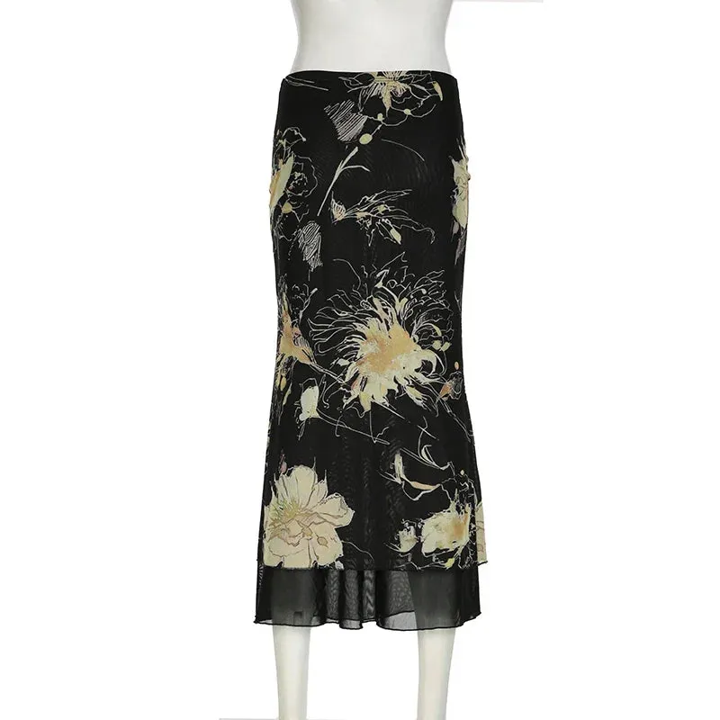 Metaversmall Vintage Gothic Low Rise Slim Long Skirt Women Mesh Patched Grunge Flowers Printing Chic Maxi Skirt Party Y2K Outfits