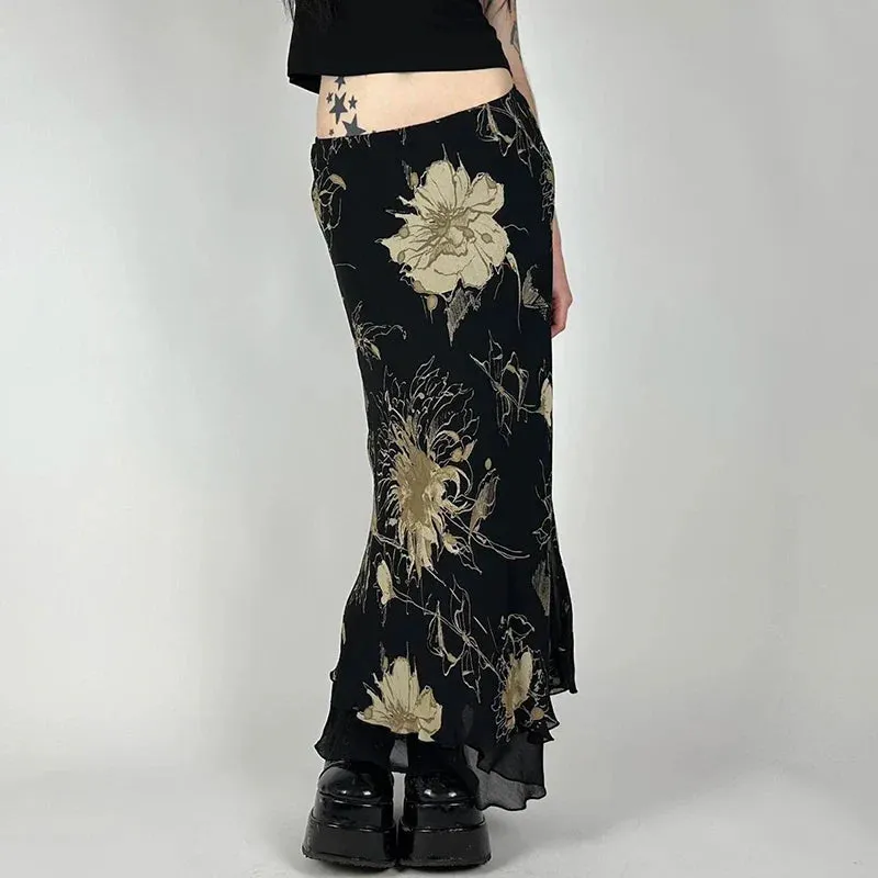 Metaversmall Vintage Gothic Low Rise Slim Long Skirt Women Mesh Patched Grunge Flowers Printing Chic Maxi Skirt Party Y2K Outfits