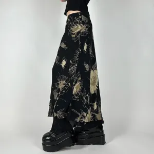 Metaversmall Vintage Gothic Low Rise Slim Long Skirt Women Mesh Patched Grunge Flowers Printing Chic Maxi Skirt Party Y2K Outfits