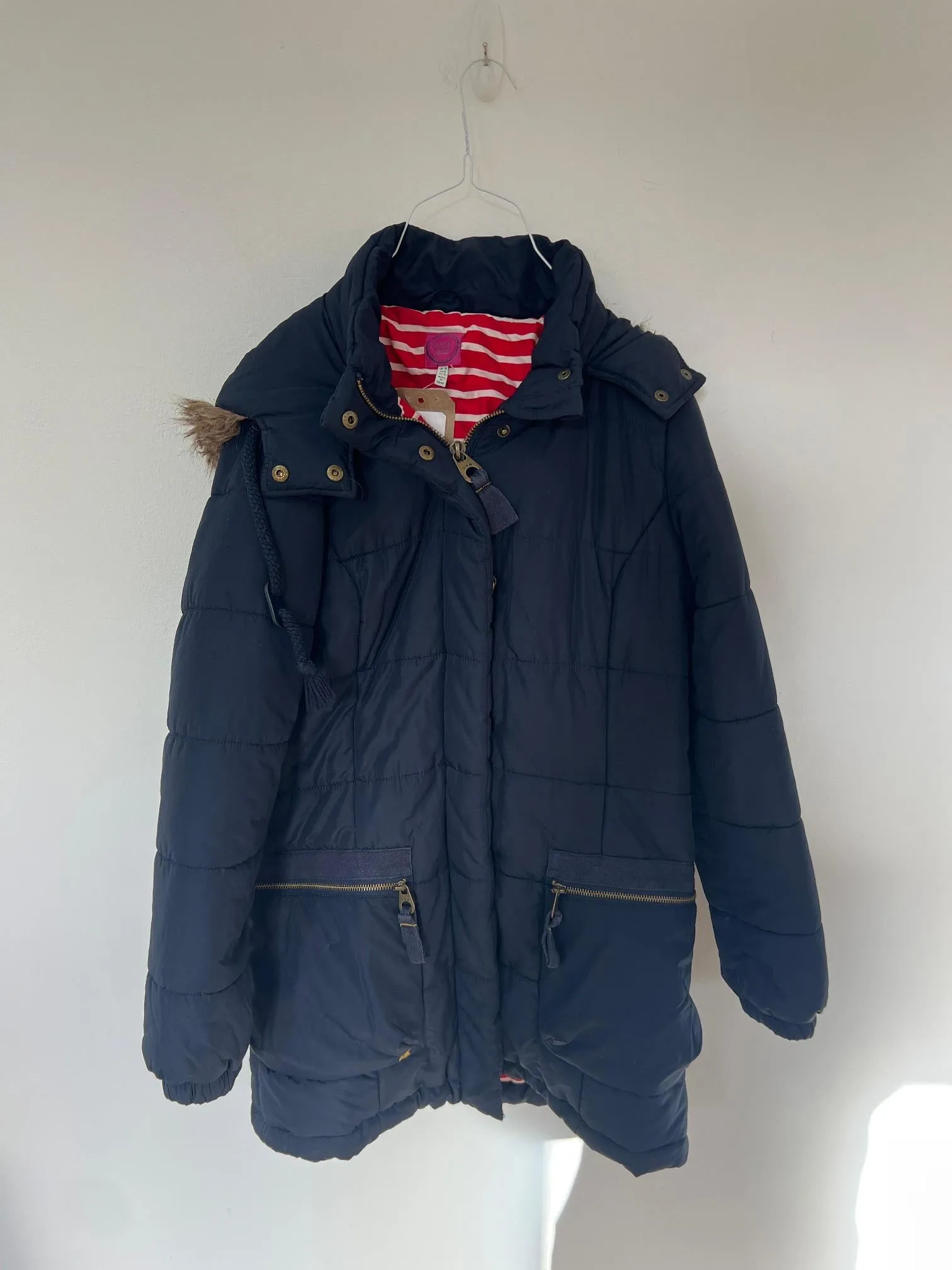 Navy blue longline puffer jacket with faux fur trimmed hood, Joules, Size 10 (Cotton, Polyester)