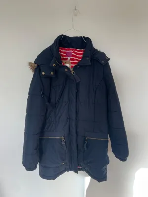 Navy blue longline puffer jacket with faux fur trimmed hood, Joules, Size 10 (Cotton, Polyester)