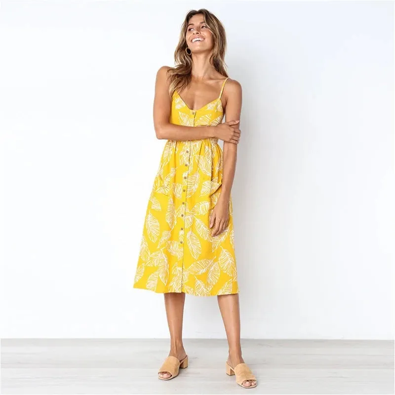 New Sexy Pocket Button Bohemia Retro Solid Women's Midi Dresses
