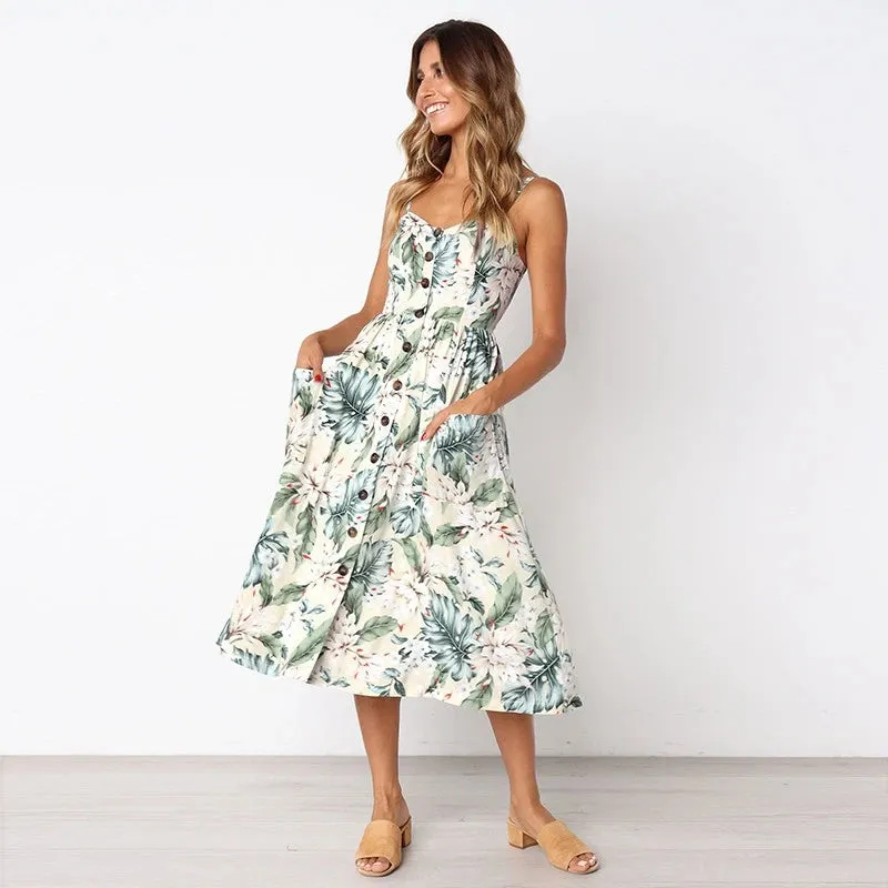 New Sexy Pocket Button Bohemia Retro Solid Women's Midi Dresses