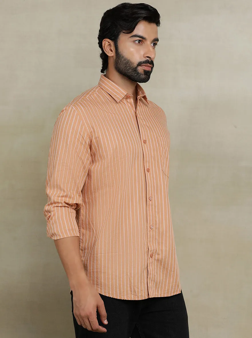 Orange Striped Tailored Fit Semi Casual Shirt | JadeBlue