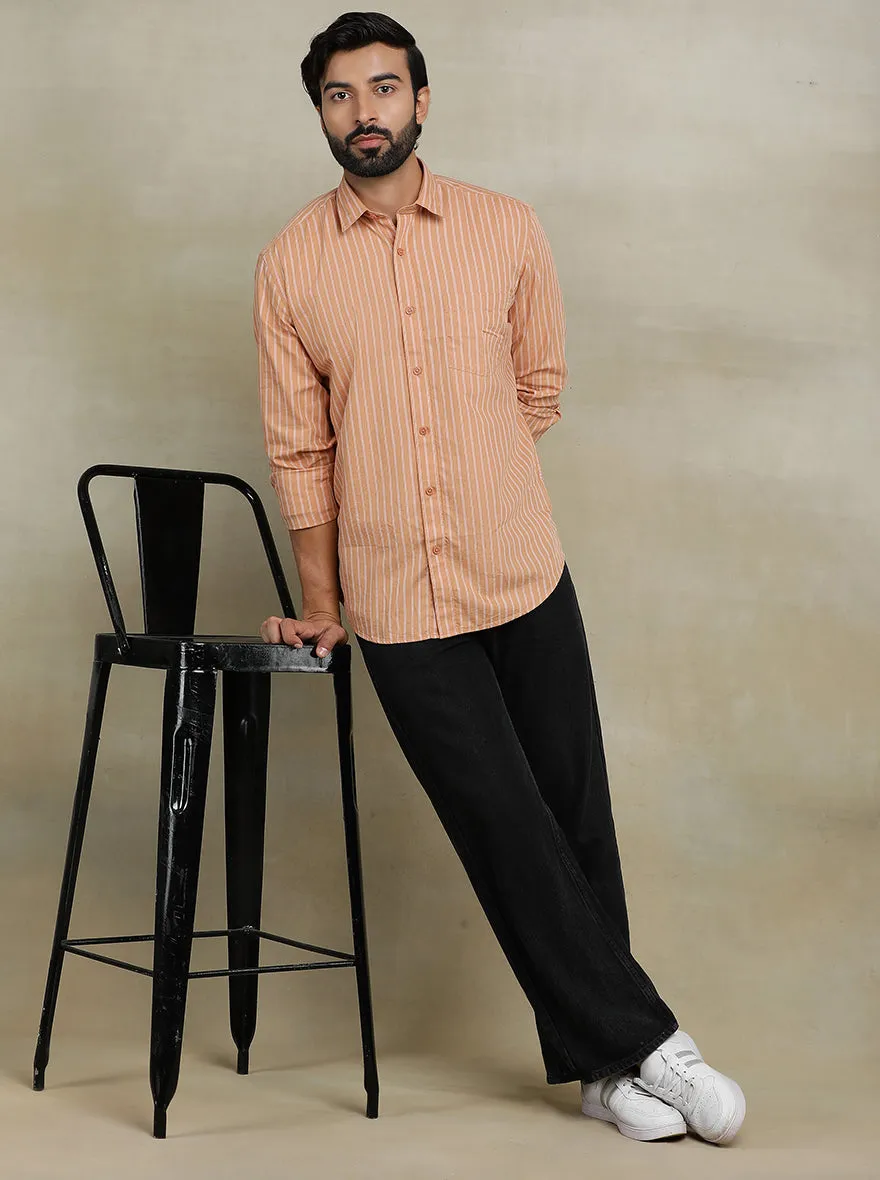 Orange Striped Tailored Fit Semi Casual Shirt | JadeBlue