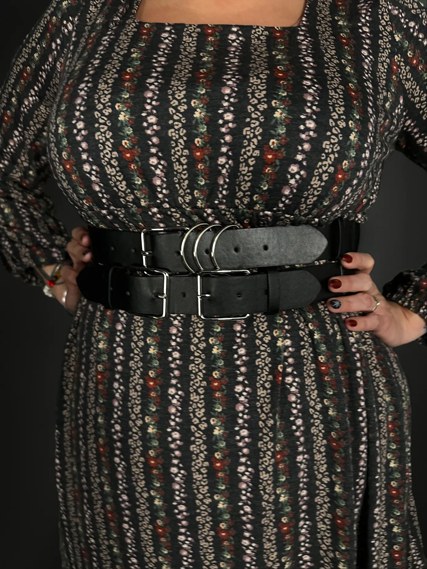 Outfit Set - Square Neck Long Sleeve Floral Babydoll Dress & Double Strap Corset Belt Punk Style
