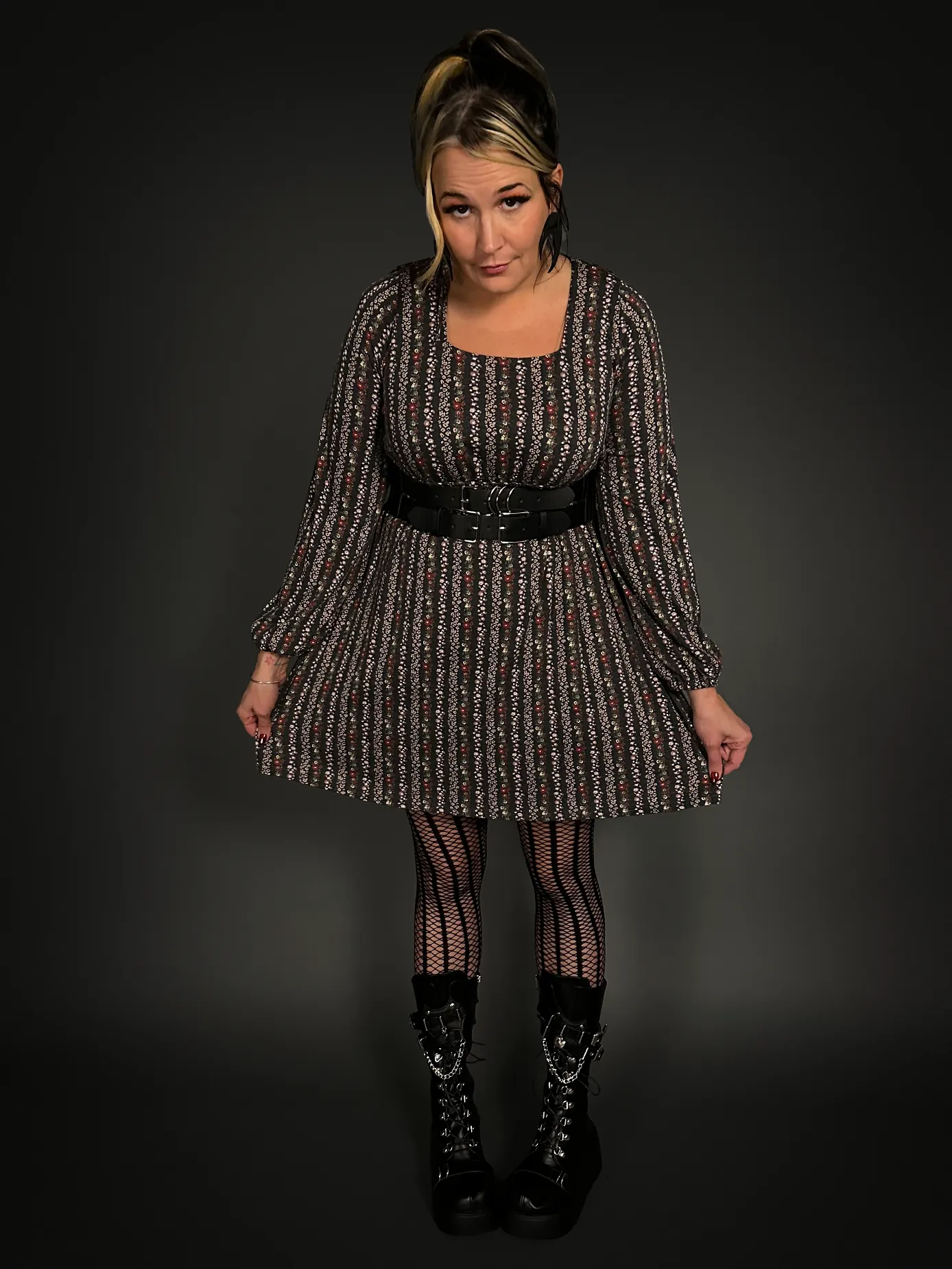Outfit Set - Square Neck Long Sleeve Floral Babydoll Dress & Double Strap Corset Belt Punk Style