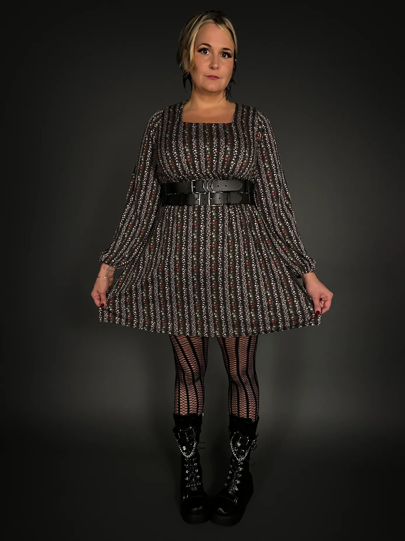 Outfit Set - Square Neck Long Sleeve Floral Babydoll Dress & Double Strap Corset Belt Punk Style