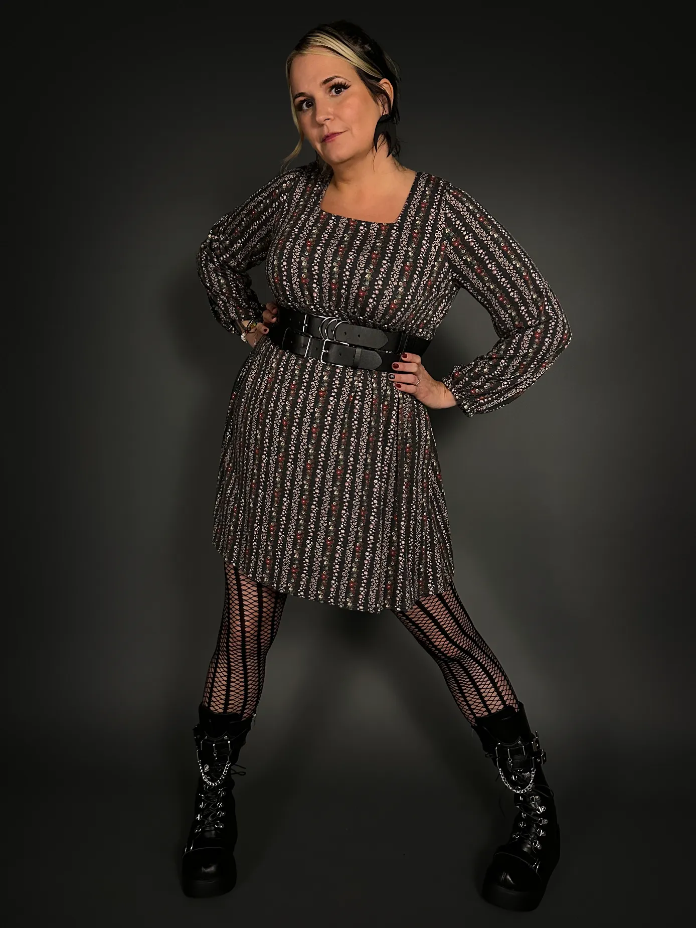 Outfit Set - Square Neck Long Sleeve Floral Babydoll Dress & Double Strap Corset Belt Punk Style