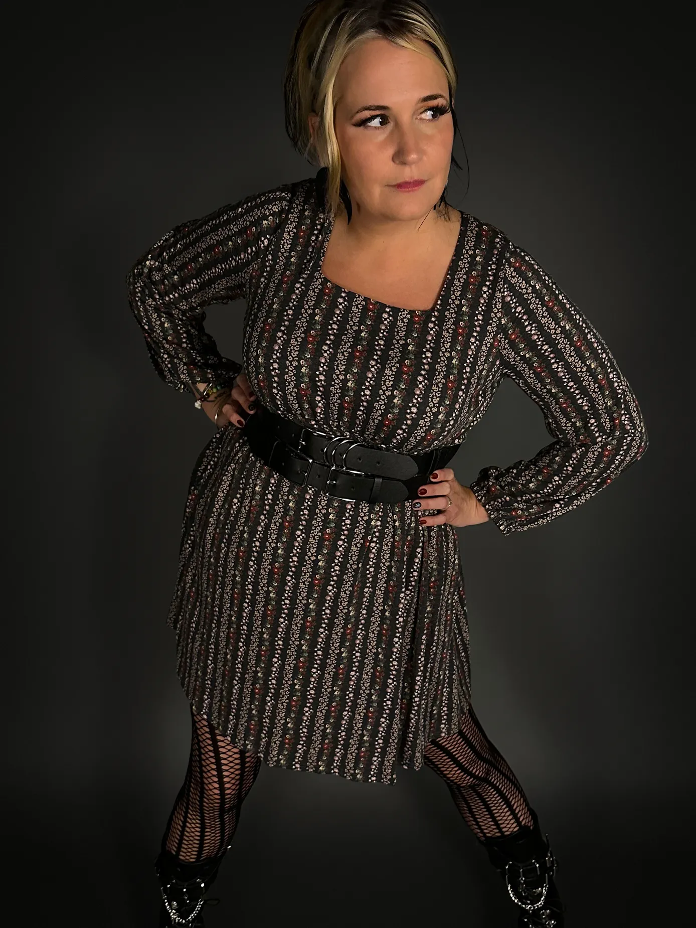 Outfit Set - Square Neck Long Sleeve Floral Babydoll Dress & Double Strap Corset Belt Punk Style