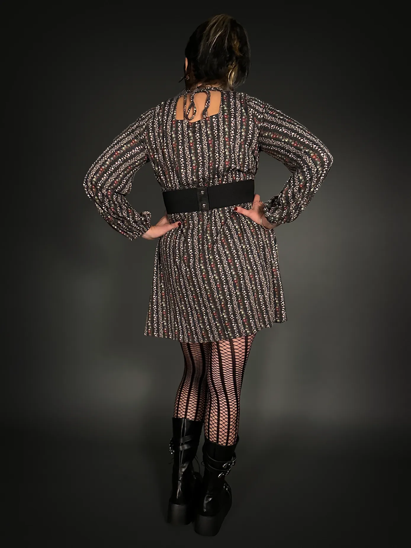 Outfit Set - Square Neck Long Sleeve Floral Babydoll Dress & Double Strap Corset Belt Punk Style