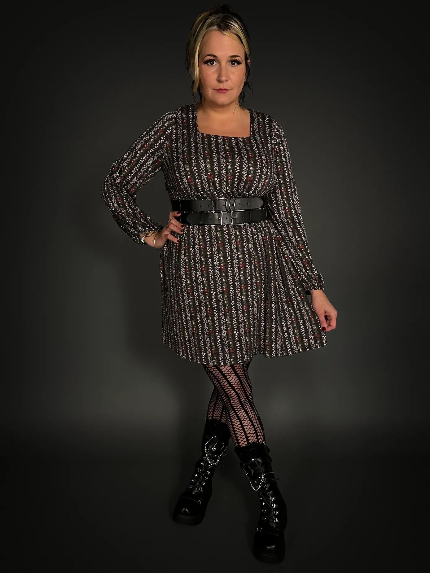 Outfit Set - Square Neck Long Sleeve Floral Babydoll Dress & Double Strap Corset Belt Punk Style