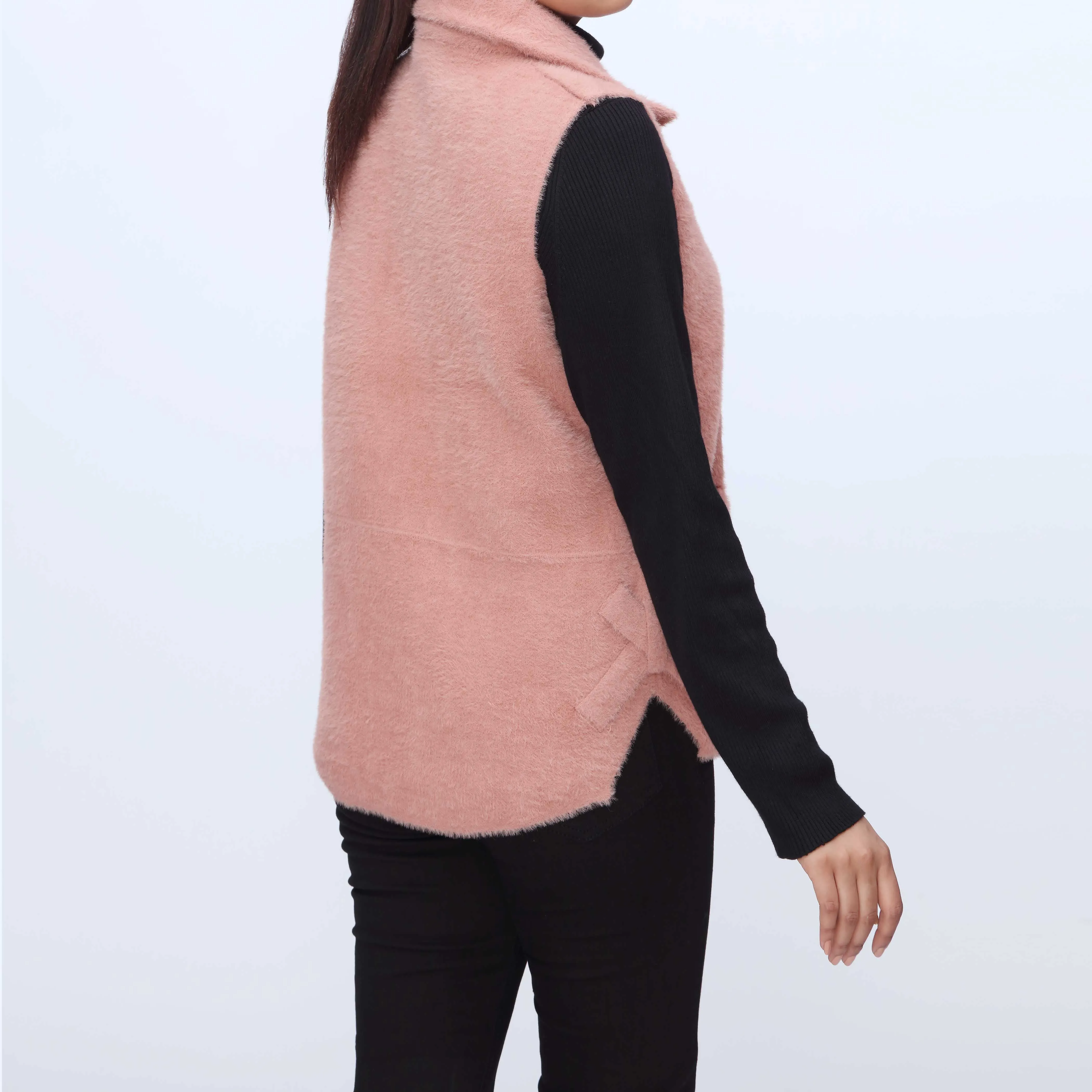 Peach Sleeveless Zip-Up Collared Cardigan PW3920