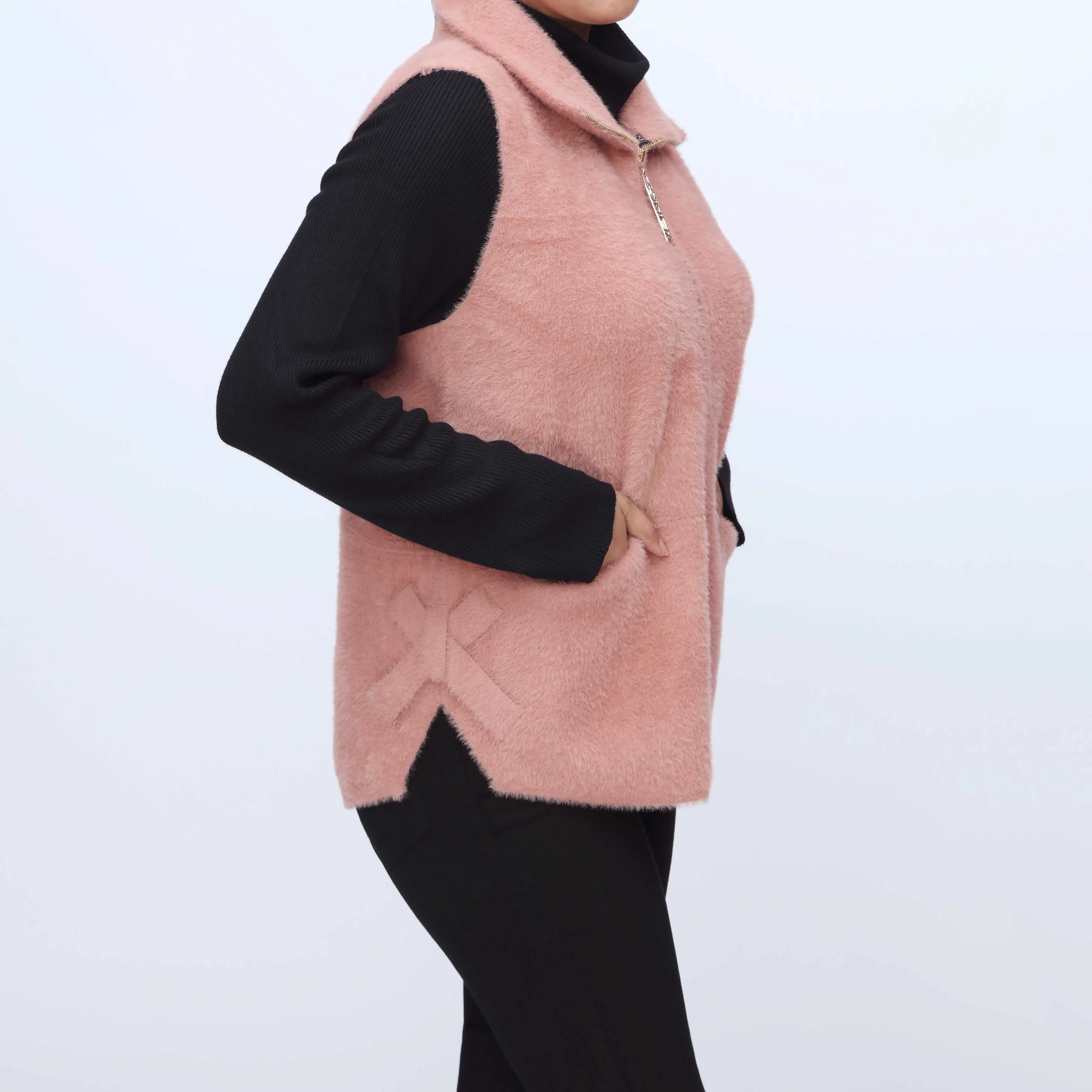 Peach Sleeveless Zip-Up Collared Cardigan PW3920