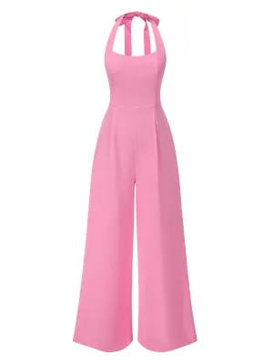 Pink 1950s Halter Solid Jumpsuit