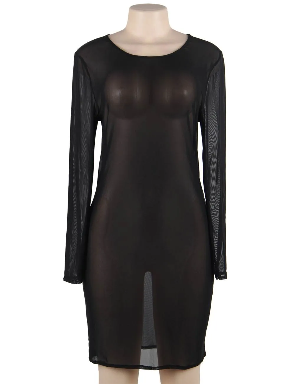 Plus Size Black Sexy Fashion Perspective Gauze Long Sleeve Women Dress