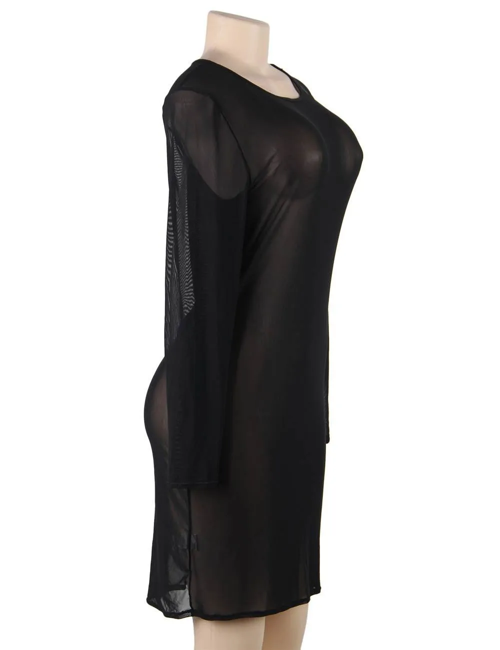 Plus Size Black Sexy Fashion Perspective Gauze Long Sleeve Women Dress