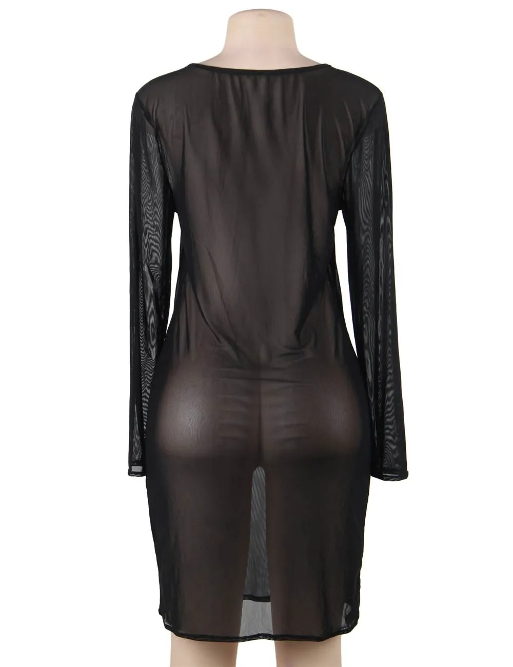 Plus Size Black Sexy Fashion Perspective Gauze Long Sleeve Women Dress