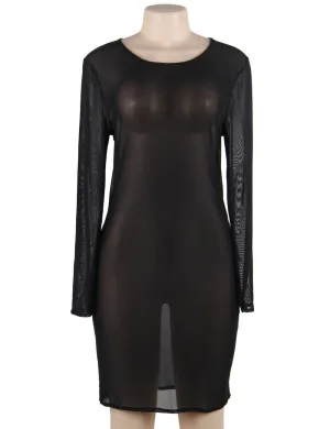 Plus Size Black Sexy Fashion Perspective Gauze Long Sleeve Women Dress